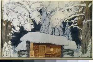 Casa di legno nella foresta innevata. Scenografia per la pièce teatrale "Il comandante Suvorov" da Ivan Yakovlevich Bilibin
