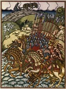 Volga Sviatoslavich e Mikula Selyaninovich da Ivan Yakovlevich Bilibin
