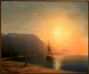 Tramonto davanti ad Ajudag sulla costa della Crimea