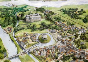 Veduta aerea del castello, del porto e del priorato di Christchurch raffigurati alla fine del XII secolo da Ivan Lapper