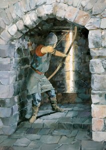 Arciere medievale che spara attraverso una feritoia al castello di Beeston, Cheshire