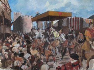 Veduta ricostruita del corteo di incoronazione del re Edoardo VI che lascia la Torre di Londra nel 1547 da Ivan Lapper
