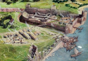 Vista ricostruita della Torre di Londra da sud-ovest, come poteva apparire negli anni 1070 o 1080, quando la Torre Bianca era nelle prime fasi di costruzione. da Ivan Lapper