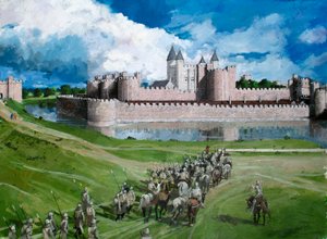 Veduta ricostruita della Torre di Londra, che mostra la cortina muraria esterna completata da re Edoardo I nel 1300 da Ivan Lapper