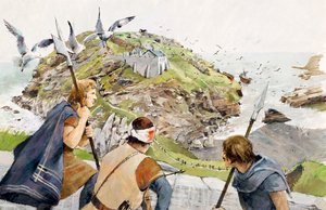 Il castello di Tintagel nel 1230 d.C. (acquerello su carta) da Ivan Lapper