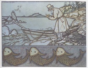 Illustrazione per La fiaba del pescatore e del pesce da Ivan Yakovlevich Bilibin