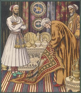 Il principe Ali che compra un tappeto. Illustrazione per Fiabe arabe