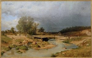 Paesaggio con ponte di legno