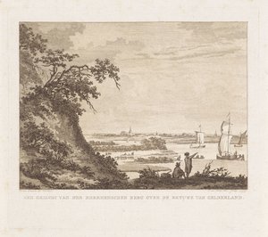 Ampio paesaggio con due figure e barche a vela