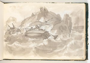 Naufragio presso una costa rocciosa. Alcuni uomini stanno su una roccia e osservano da Johan Christian Dahl