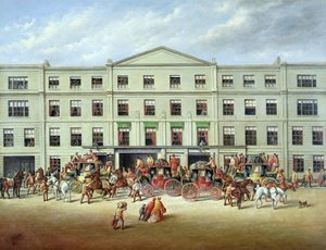 Cambio di cavalli fuori dal Plough Inn, Cheltenham, 1870