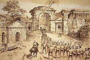 Il Generale Outram entra nelle difese della Residenza, Lucknow, il 25 settembre 1858, alla testa della forza di soccorso di Havelock