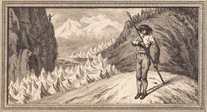 Un uomo su una distesa di neve si appoggia a un lungo bastone da J.F. Clemens