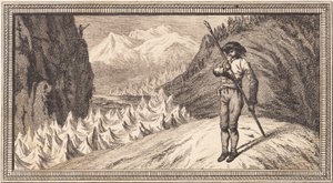 Un uomo su una distesa di neve si appoggia a un lungo bastone