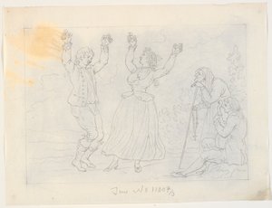 Uomo e donna che ballano fandango. Un giovane che suona la chitarra e una vecchia che guarda da J.F. Clemens