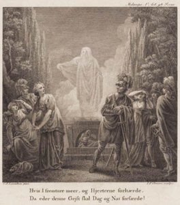 Melampe. Se perseverate ancora e indurite i cuori, questo spirito vi spaventerà giorno e notte? Incisione da Llorentzens Holberg Galleri. da J.F. Clemens