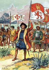 1492: Cristoforo Colombo arriva in America con la bandiera spagnola da J.L Beuzon (fl.1880 1940)