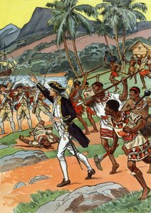 Morte di James Cook ucciso dai locali alle Hawaii da J.L Beuzon (fl.1880 1940)