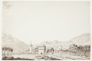 Paesaggio da Domodossola in Svizzera con chiesa e torre di guardia da J.L. Lund