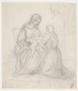 Madonna seduta con bambino e donna inginocchiata da J.L. Lund