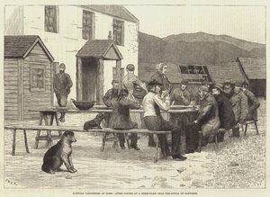 Volontari scozzesi a casa, dopo cena in una fattoria di pecore vicino allo Spital di Glenshee