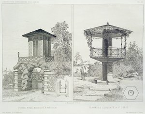 Portale con chiosco, Meudon, e terrazza coperta, St. Denis, da un volume di disegni di vari architetti, pub. Morel & Cie, Parigi, c.1880 da J. Boussard