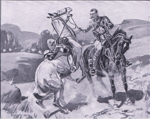 Il maggiore Brown, 14° Ussari, che tiene il cavallo del tenente Brown sotto fuoco pesante, illustrazione da After Pretoria: The Guerilla War, 1902 da J. H. Thorneley