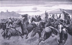 Boeri che saccheggiano il deposito di rimonta a Braamfontein, da Dopo Pretoria: La guerra di guerriglia pubblicata da Harmsworth Bros Limited, 1901 da J. H. Thornely