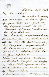 Lettera firmata J.M.F. [J.M. Forbes], Boston, a Eliot [William G. Eliot], 7 novembre 1863 da J. M. Forbes