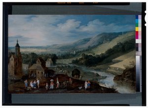 Un ampio paesaggio fluviale con contadini che raccolgono il raccolto da J. & Momper J. de (1564 1635) Brueghel