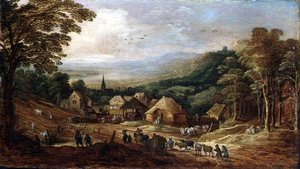 Paesaggio autunnale con contadini