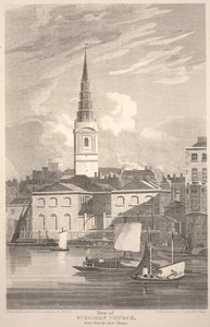 Veduta della chiesa di St. Brides, presa dal fiume Tamigi, incisa da Matthews da John Preston Neale