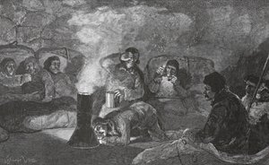 Interno della nostra capanna invernale a Camp Clay, durante la cottura, 1883 pub. Londra 1886