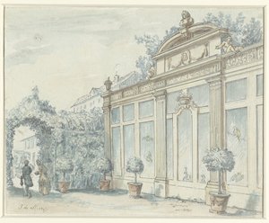 Vista di un giardino francese con signore e signora