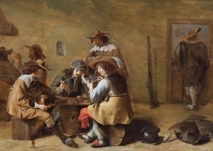 Interno di una guardiola con cavalieri che giocano a carte (olio su tavola) da Jacob (attr.to) Duck