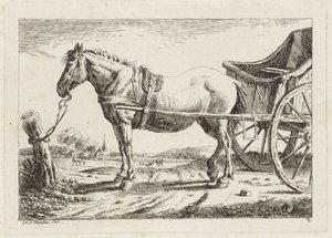 Cavallo in piedi, attaccato a un carro (sei stampe da disegni di vari maestri) da Jacob Elias van Varelen