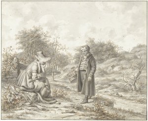 Paesaggio collinare con donna seduta e uomo in piedi con cesta da Jacob Ernst Marcus