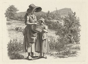 Giovane donna e bambino che guardano in un cestino (serie di stampe di studio) da Jacob Ernst Marcus