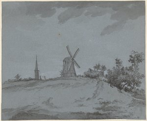 Paesaggio con mulino a vento e chiesa su una collina da Jacob Ernst Marcus