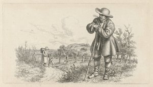 Uomo appoggiato a un bastone e donna con bambino su una strada di campagna (serie di stampe di studio) da Jacob Ernst Marcus