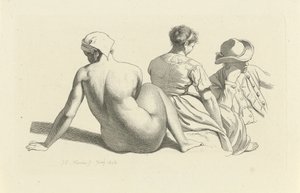 Foglio di studio con un nudo seduto e due figure (serie: Studi incisi) da Jacob Ernst Marcus