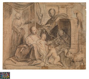 Tedesco: La Sacra Famiglia con Elisabetta e San Giovanni Battista (retro: door, doorway e Hermes)
Olandese: De Heilige Familie met Elisabeth en de kleine Johannes (retro: Deur, deuropening en Hermes) da Jacob Jordaens