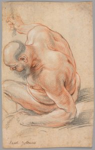 Vecchio nudo seduto, appoggiato sull