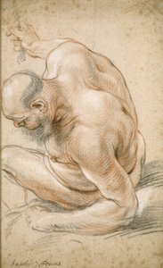 Vecchio nudo seduto, appoggiato sull