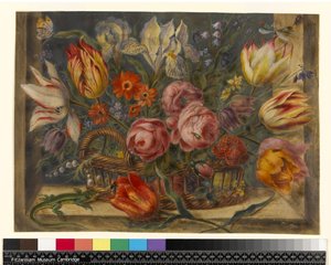 Studio di fiori: fiori assortiti in un cesto, con insetti e una lucertola in una finestra, 1634