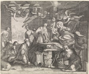 Adorazione dei Magi con angeli da Jacob Matham (workshop of)
