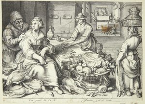 Scena di cucina con una cuoca che spenna il pollame da Jacob Matham