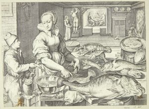Scena di cucina con una cuoca che pulisce il pesce da Jacob Matham