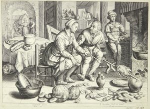 Scena di cucina con un uomo e una donna che arrostiscono un pollo da Jacob Matham