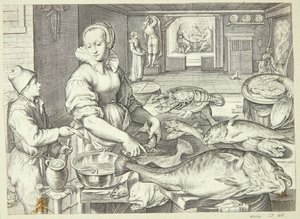 Scena di cucina con una cuoca che pulisce il pesce da Jacob Matham
